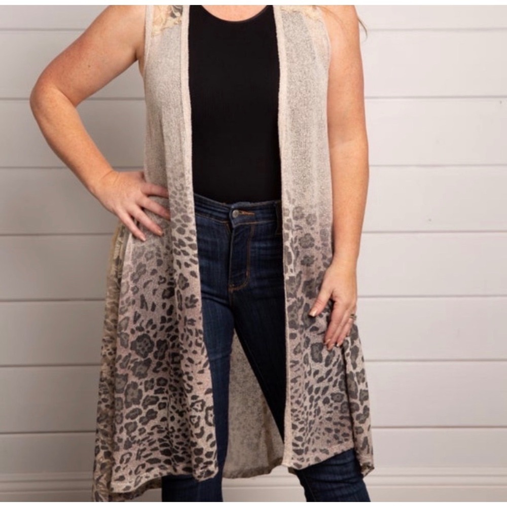 Vocal Lace Yoke Animal Print‎ Duster Vest XL Boho Festival Long Open Front